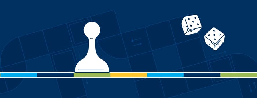 A game piece and pair of dice on a game board