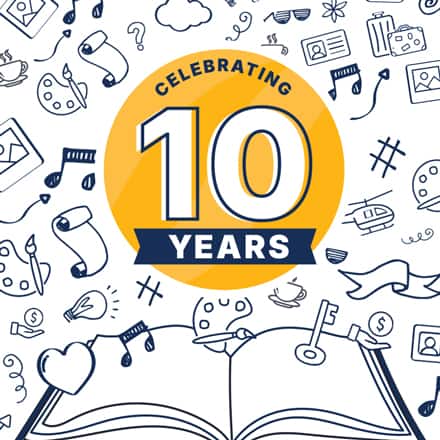 Celebrating 10 years with a yellow badge, surrounded by icons of travel, art, music, and hobbies, with an open book graphic at the bottom.