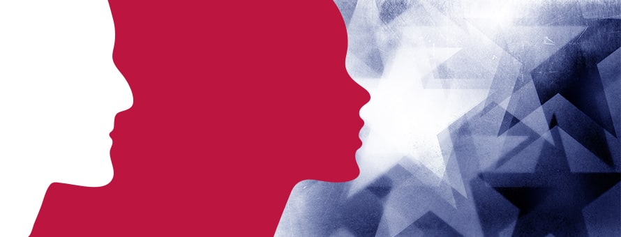 A graphic with two silhouette profiles in white and red with blue stars to the right of them