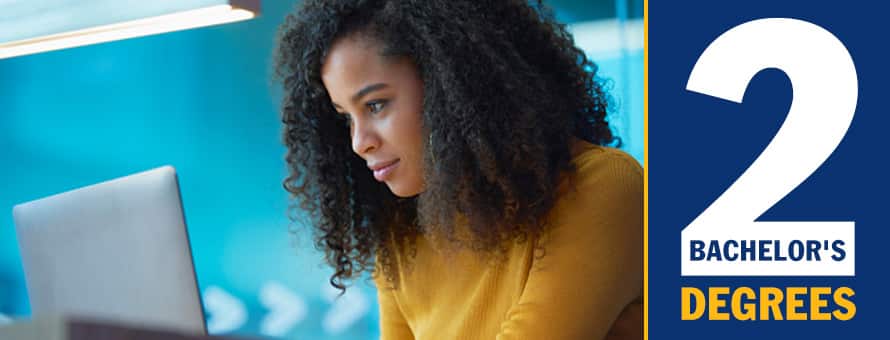 A student on a laptop with the text 2 bachelor's degrees