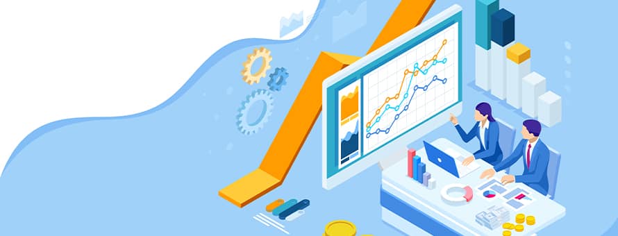 Animated people sat at a desk surrounded by different types of graphs.