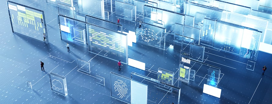 A room full of computer screens showing the complexity of AI and computer science.