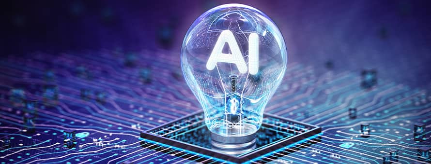 A lightbulb that says "AI" in the center screwed in a purple, blue and black circuit board.