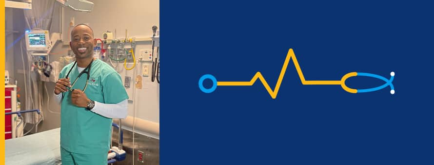 Anthony Gray next to a blue banner with a stethoscope design over it