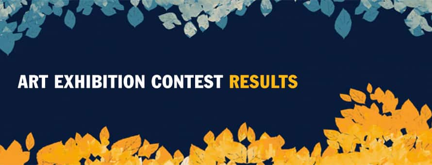 Blue and gold leaves surrounding a dark blue background and the text 'Art Exhibition Contest Results'