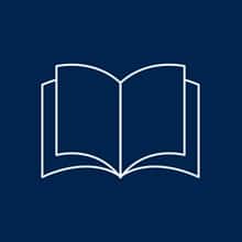 A graphic with a blue background and white book icon