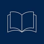 A graphic with a blue background and white book icon.
