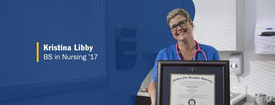 Kristina Libby, a cancer-survivor, holding her framed degree and the text Kristina Libby, BS in Nursing '17.