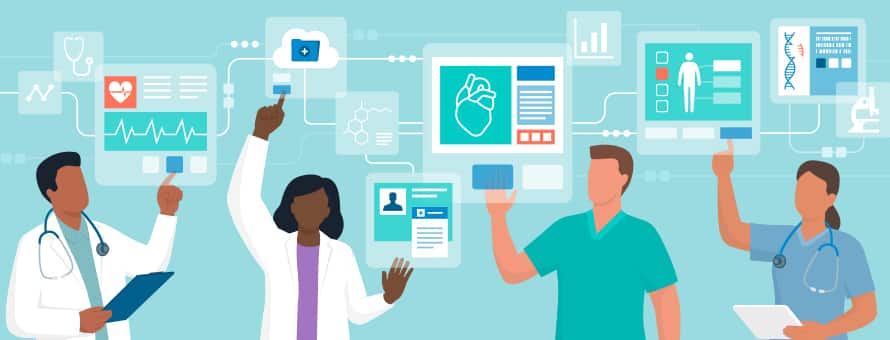 A cartoon health professional interacting with electronic health information managed by a CAHIIM-accredited program grad.