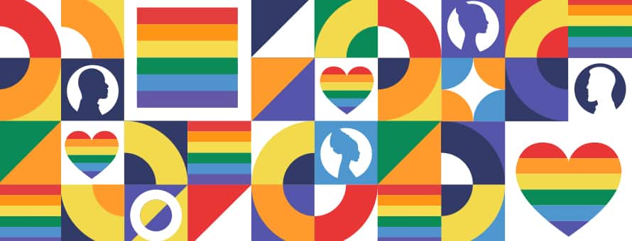 Several rainbow colored heart, icons, flags and silhouettes representing Pride Month