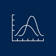 A white icon of a line chart with two intersection lines on a dark blue background.