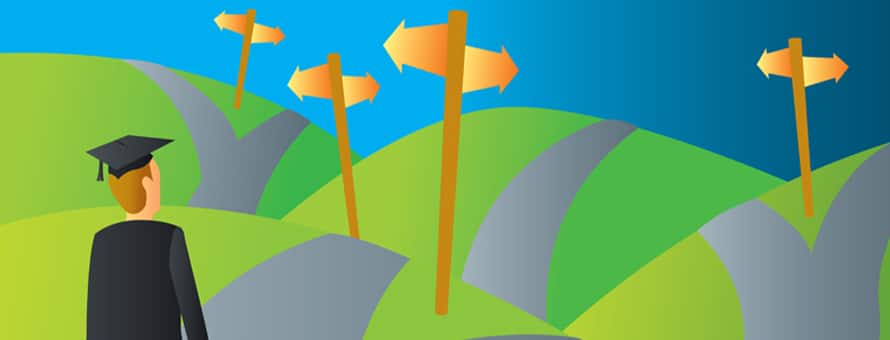 An illustration of a college student, in a cap and gown, walking down a road that leads to multiple pathways to choose from.