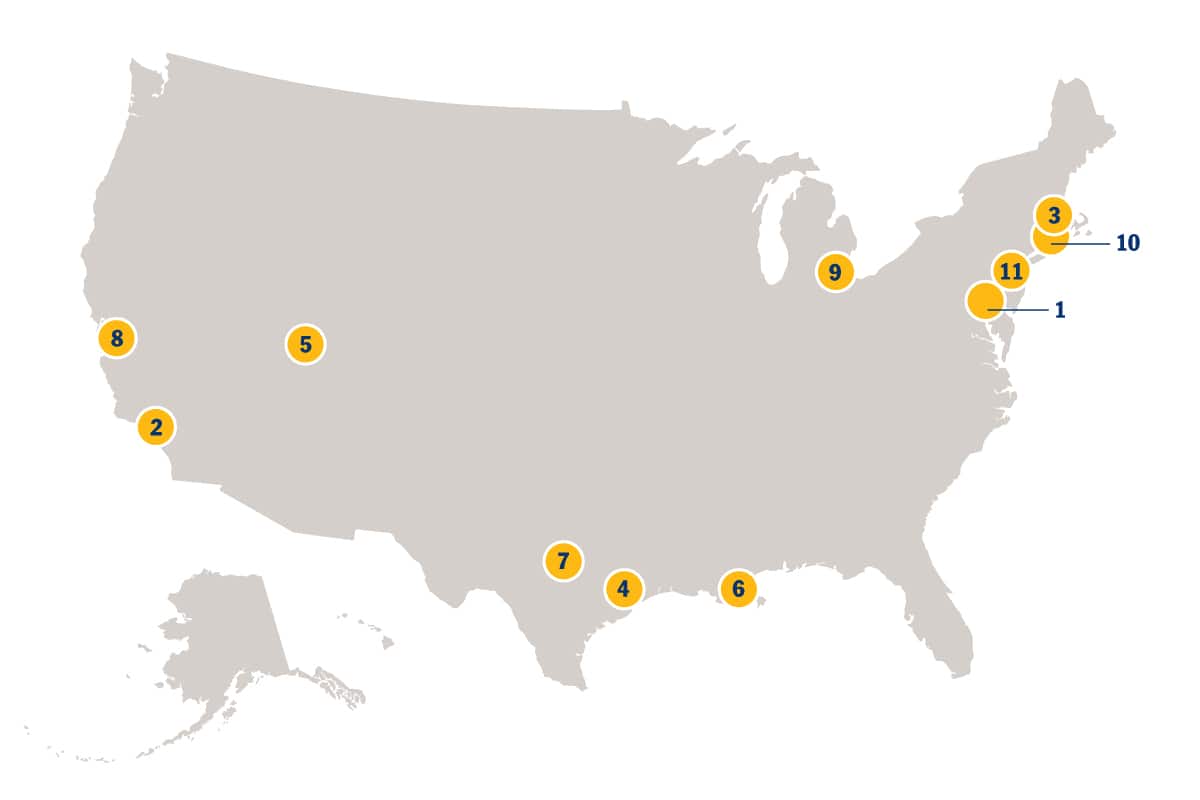 A map of the United States with pins labeled with numbers 1-11 representing the locations of SNHU's community partners.