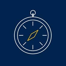 A blue graphic with a white and yellow compass icon