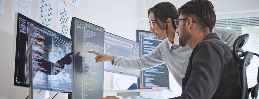 Two computer science professionals using their skills at work.