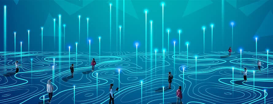 People wandering on an abstract illustration of a digital landscape with glowing blue lines and vertical light beams.