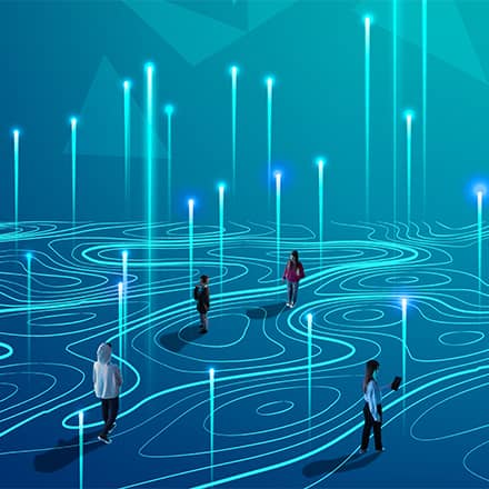 People wandering on an abstract illustration of a digital landscape with glowing blue lines and vertical light beams.