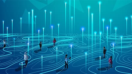 People wandering on an abstract illustration of a digital landscape with glowing blue lines and vertical light beams.