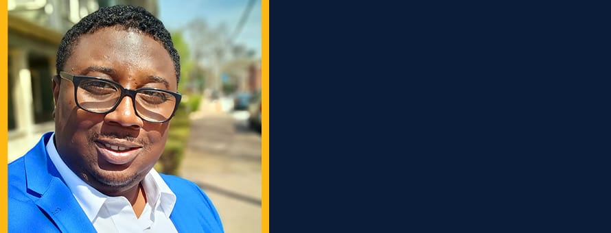 Darryl Johnson to the left of a block of ink blue color.