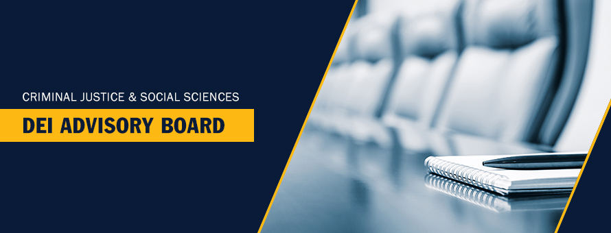 A pen resting on a spiral notebook with office chairs lined up in the background and the text Criminal Justice and Social Sciences DEI Advisory Board.