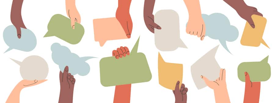 A graphic of several diverse hands holding talking bubbles being used to represent the value of discussion boards