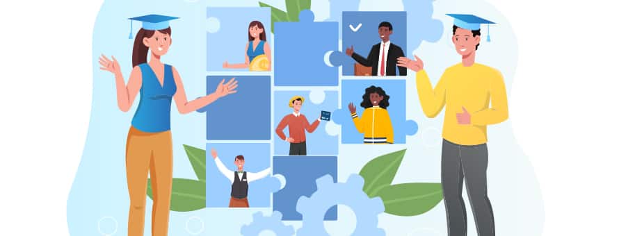 Two cartoon graduates wearing graduation caps with 3 gears and 5 squares illustrating different types of professions between them.