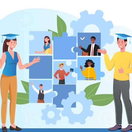 Two cartoon graduates wearing graduation caps with 3 gears and 5 squares illustrating different types of professions between them.