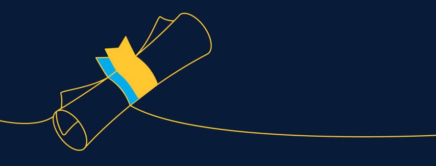 An icon of a college diploma wrapped in blue and yellow ribbon.