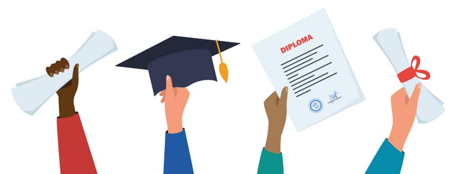 Four arms and hands holding up three diplomas and a graduation cap representing the four types of college degrees