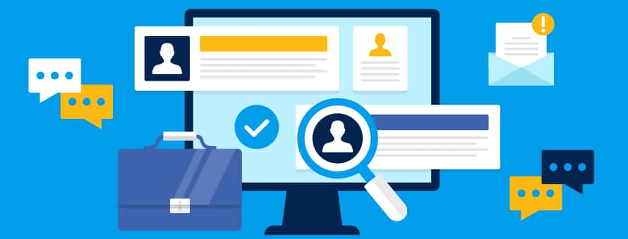 A blue image of a computer screen with various designs like a briefcase and message icons representing how to get a job