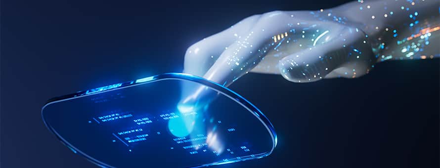 A futuristic robot hand touching a floating glass screen.