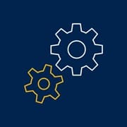A blue image with yellow and white gear icons.