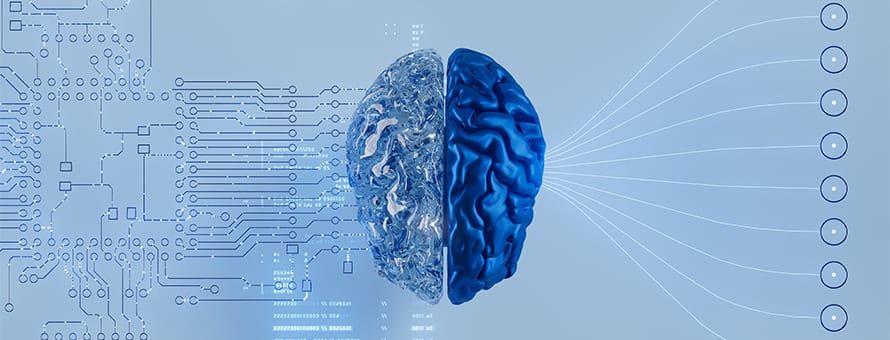 A brain with one half made of circuits and the other half human, showing a mix of technology and mind.