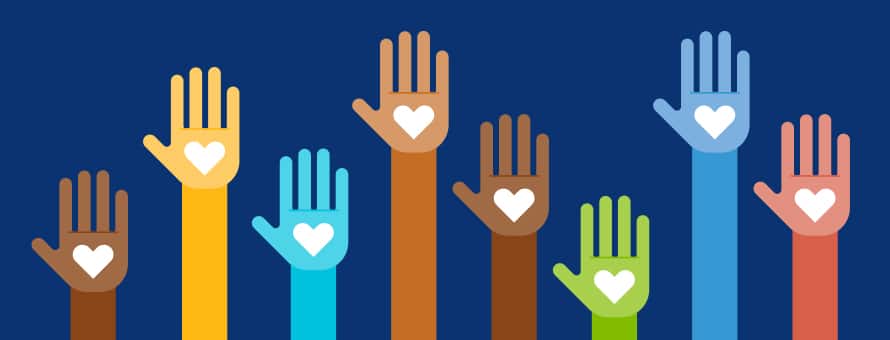 A cartoon of eight raised hands with a heart on each palm.