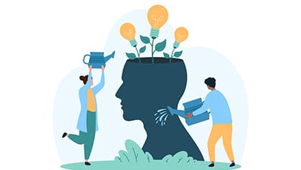 Two cartoon people using watering cans to water a brain with lightbulbs stemming from it, representing a growth mindset.