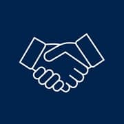 A blue graphic with an icon of two white outlined hands shaking.