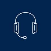 A white outline of a headset on a blue background.