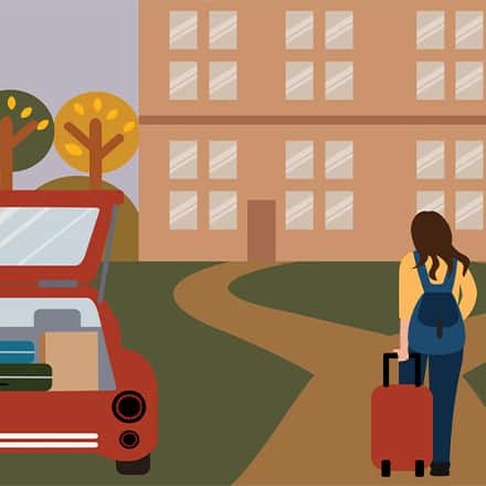 Illustration of a student moving onto a college campus with a suitcase and a red car next to her with an open trunk full of luggage.