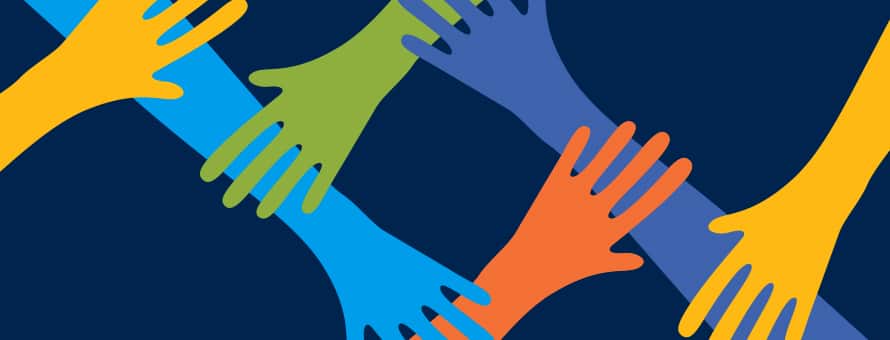 Several colorful hands overlapping to represent the impact of becoming a social worker