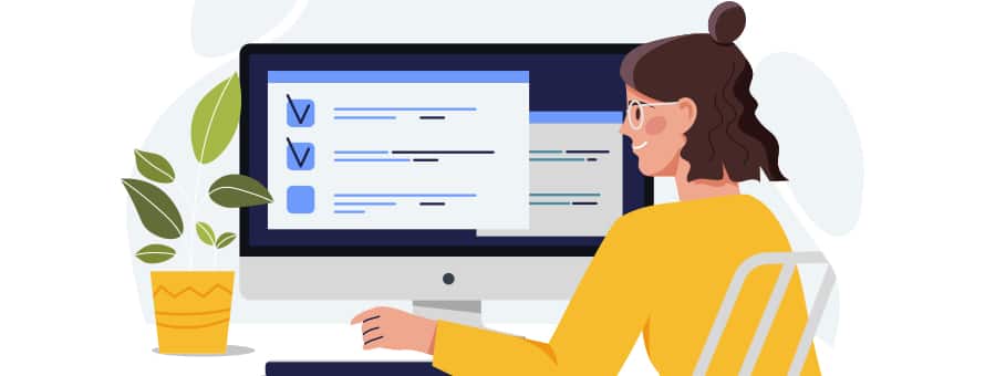 A cartoon graduate filling out a form on her computer so she can get her transcript from her college.