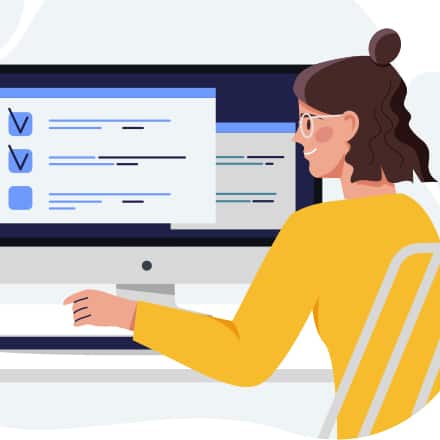 A cartoon graduate filling out a form on her computer so she can get her transcript from her college.