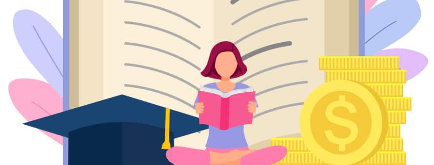 A cartoon of a woman reading, surrounded by a large graduation cap, book and coins.