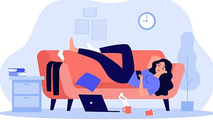 A cartoon woman sprawled across a couch, looking at her cellphone.