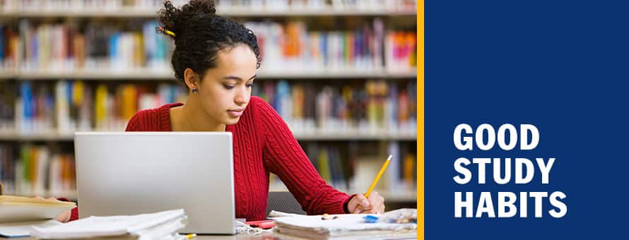 A woman studying for a college course in a library and the text Good Study Habits.