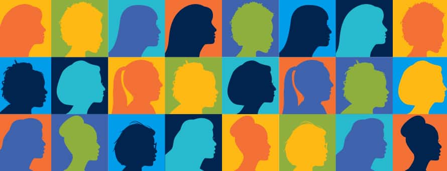 24 multicolored silhouettes of women celebrating International Women's Day