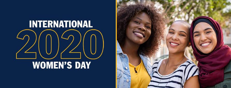 Three women celebrating International Women's Day and the text 'International Women's Day 2020'