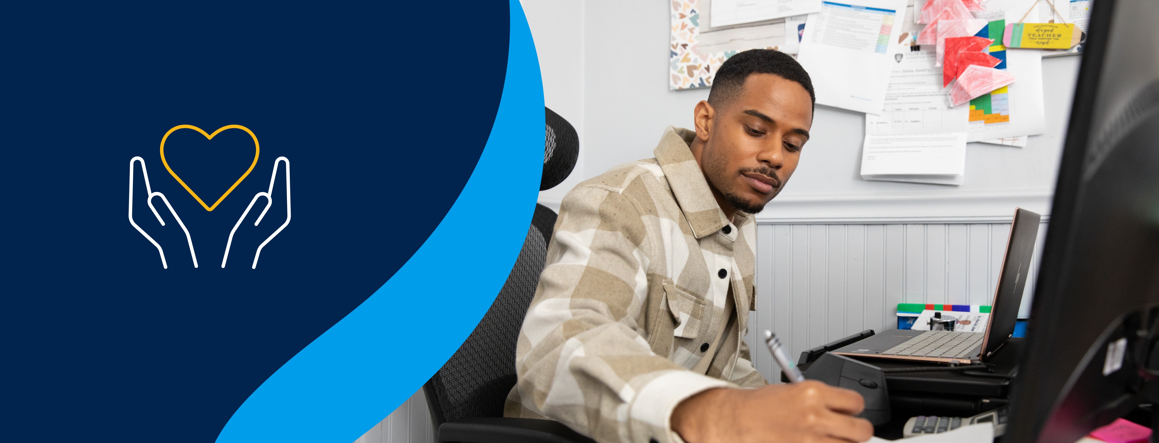  A graphic of hands cupping a heart next to the image of a man working at a desk writing about how a human services degree is worth it.