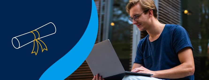 A blue graphic of a degree rolled up with a ribbon next to an image of a man researching is an associate degree worth it on a laptop.