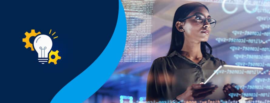 A woman wearing glasses and working on cybersecurity project on a tablet beside an icon of a lightbulb and gears.