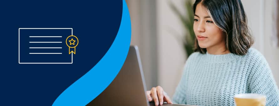 A blue graphic of a diploma next to a women on her laptop searching is a bachelors degree worth it